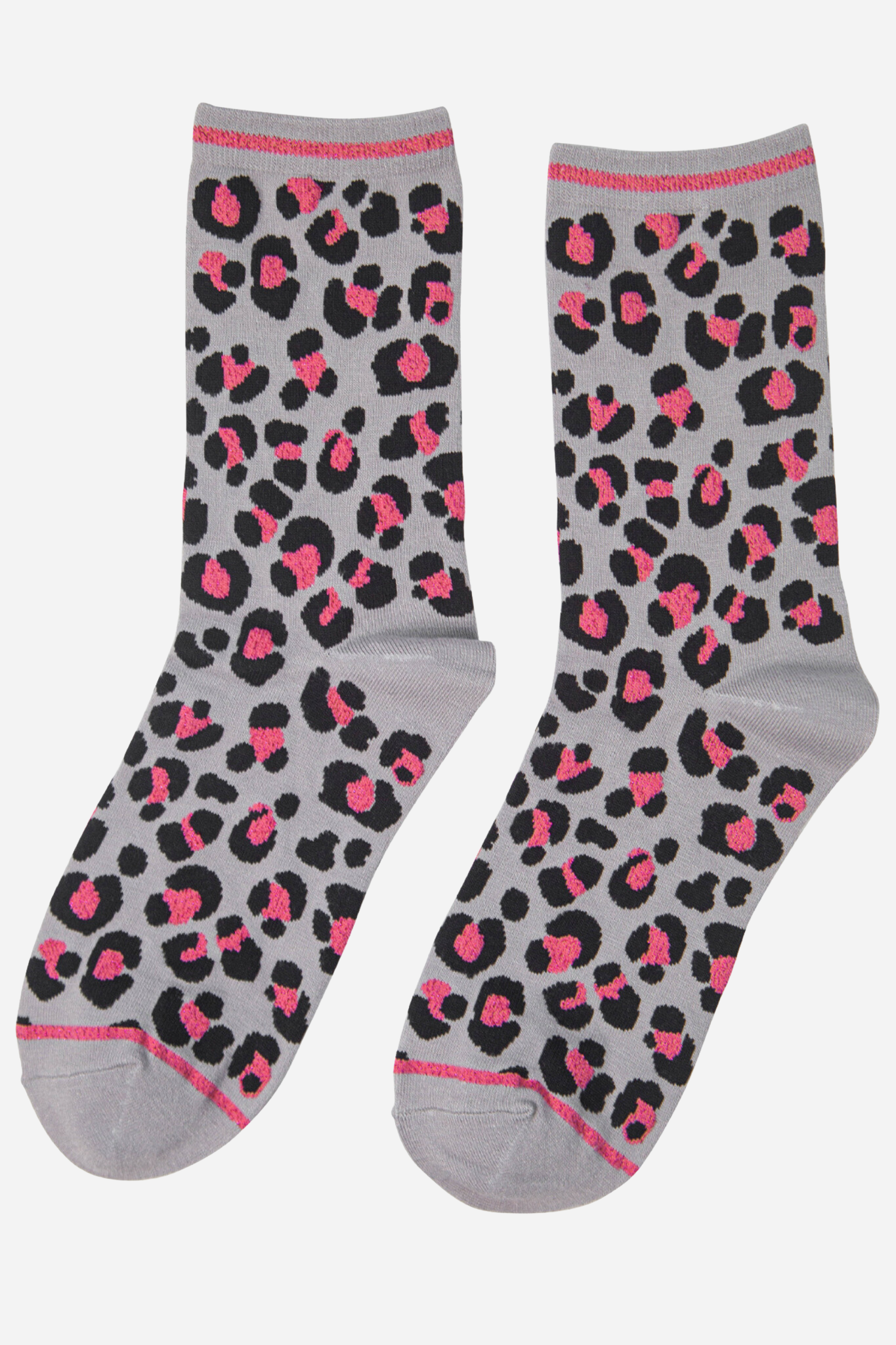 Women's Leopard Print Bamboo Ankle Socks- Grey/Pink