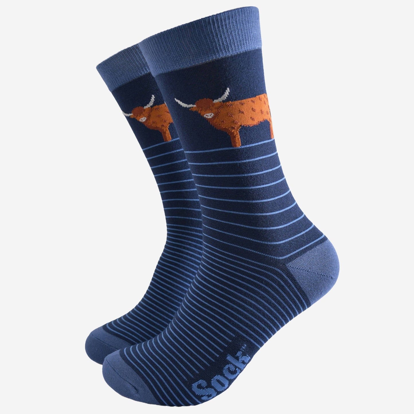 Men's Bamboo Socks - Highland Cow Navy Blue Stripe