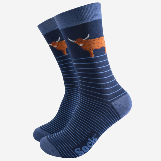 Men's Bamboo Socks - Highland Cow Navy Blue Stripe