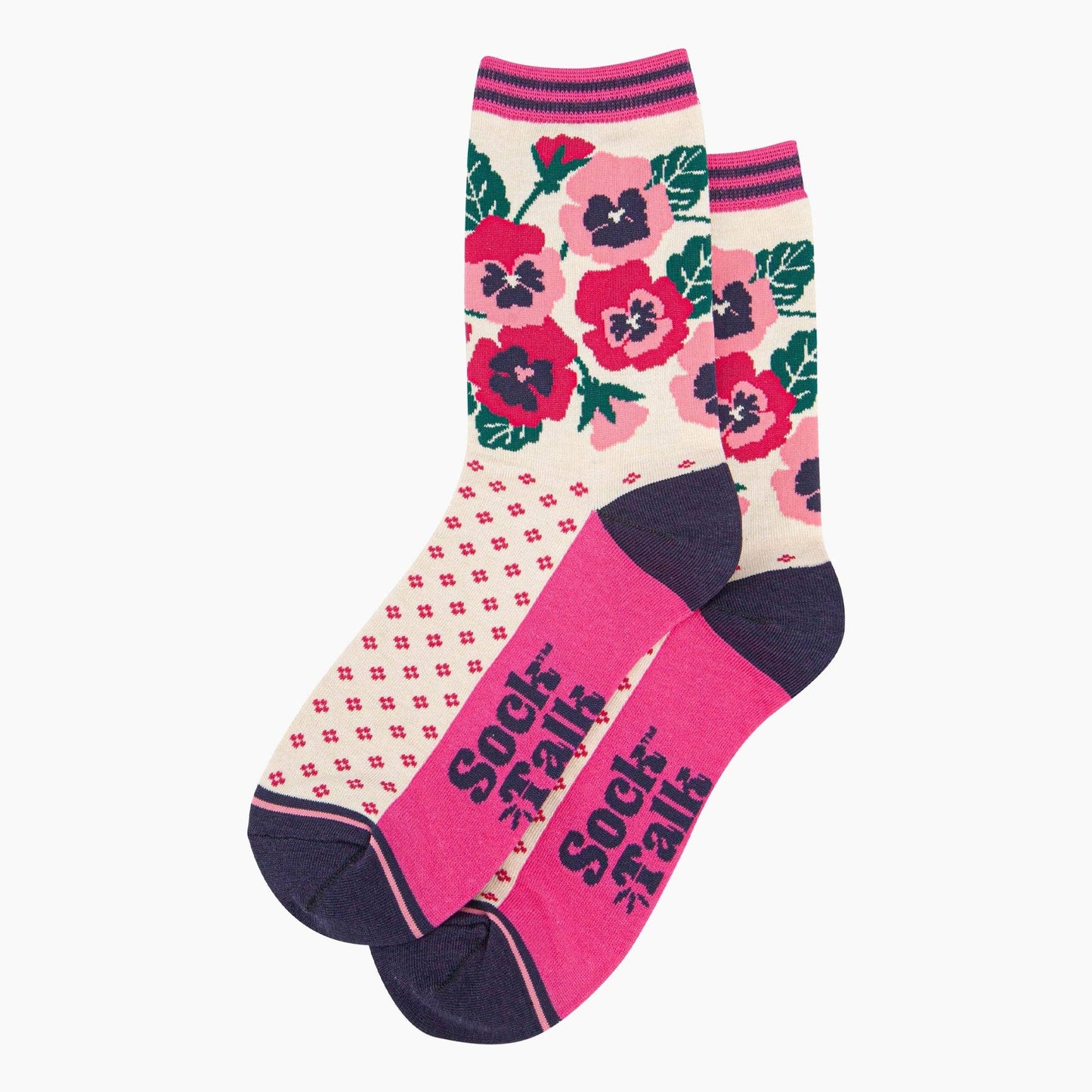 Women's Bamboo Socks - Cream & Pink, Pansies