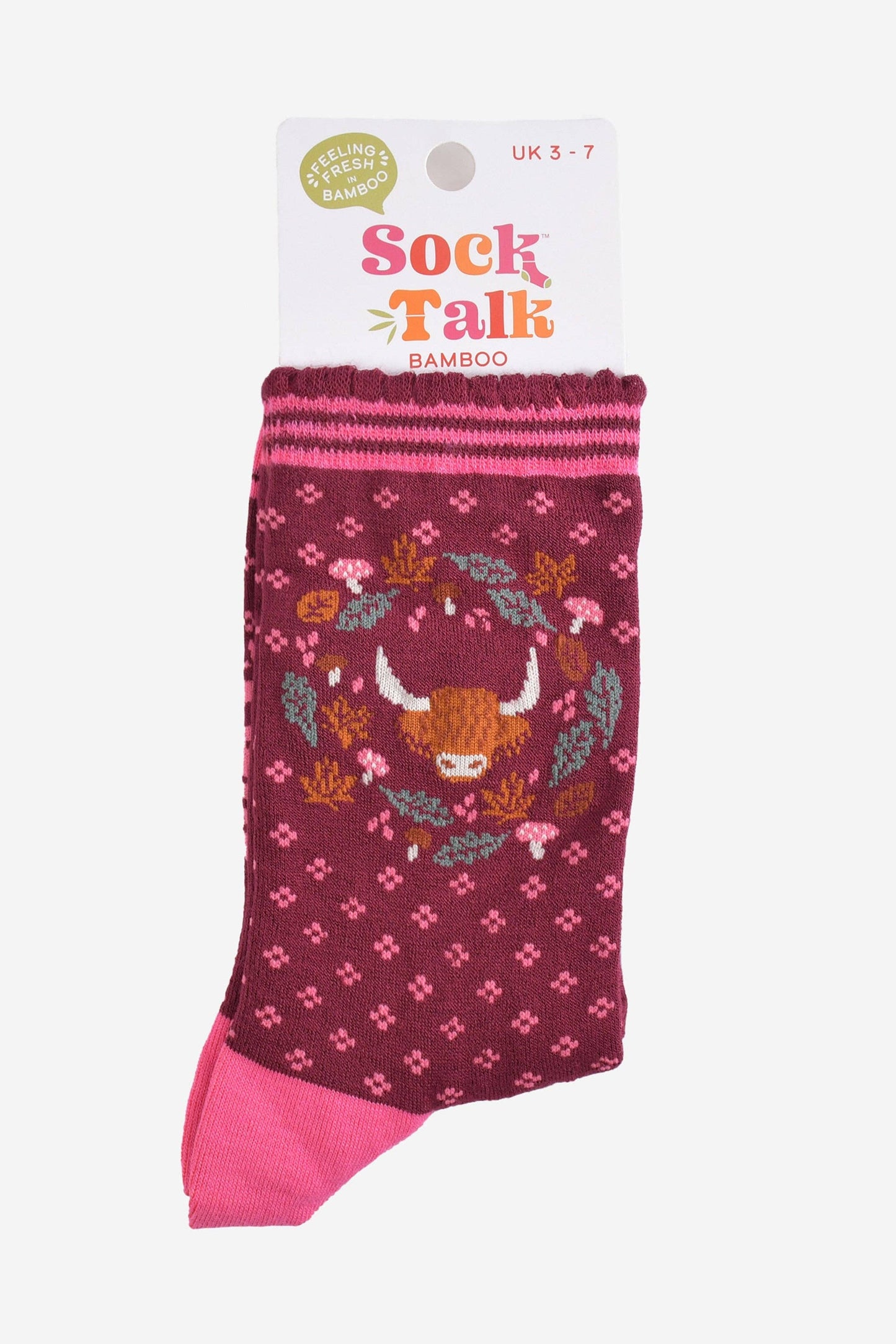 Women's Burgundy/Pink Highland Cow Wreath Bamboo Socks
