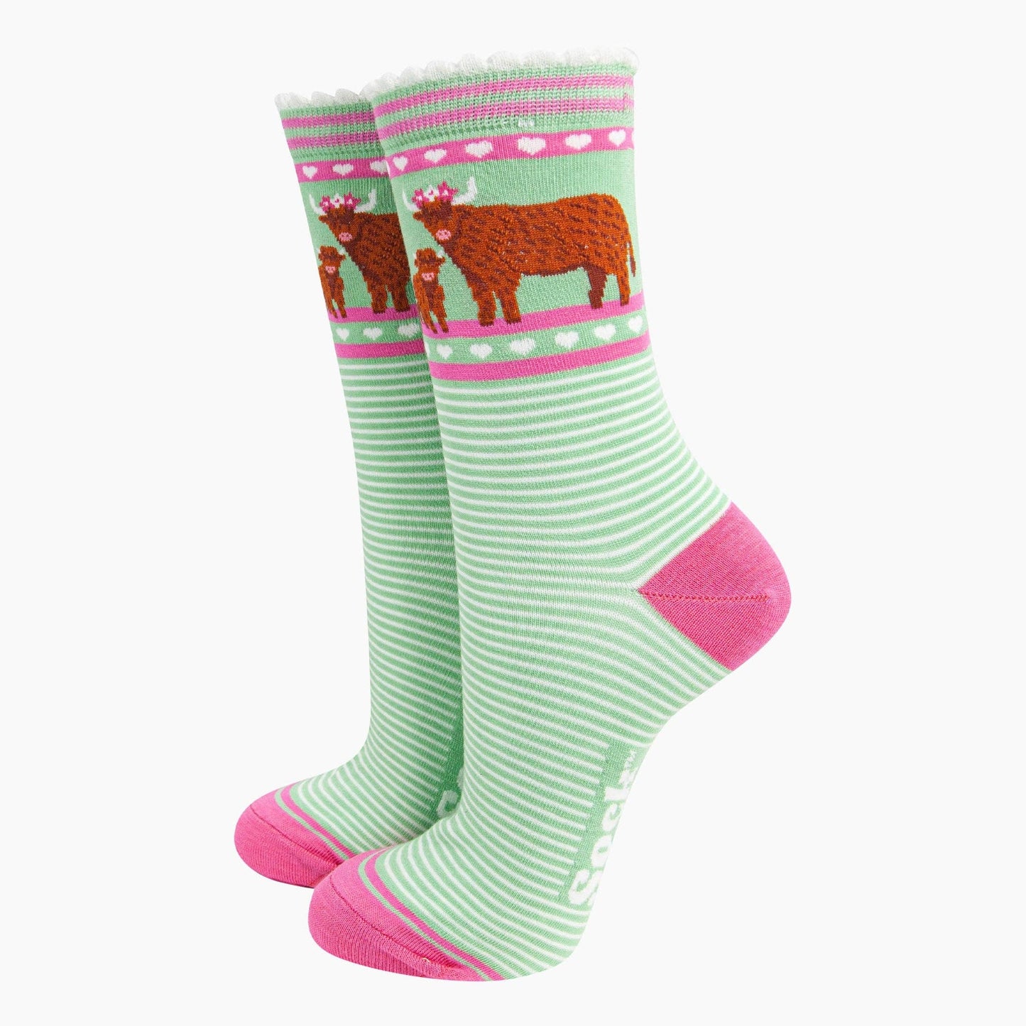 Women's Bamboo Socks - Green, Highland Cow and Calf