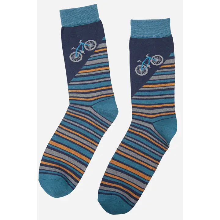 Men's Bamboo Socks - Mountain Bike and Stripe Print Teal