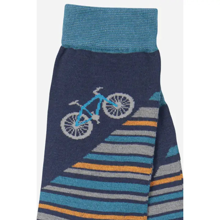 Men's Bamboo Socks - Mountain Bike and Stripe Print Teal