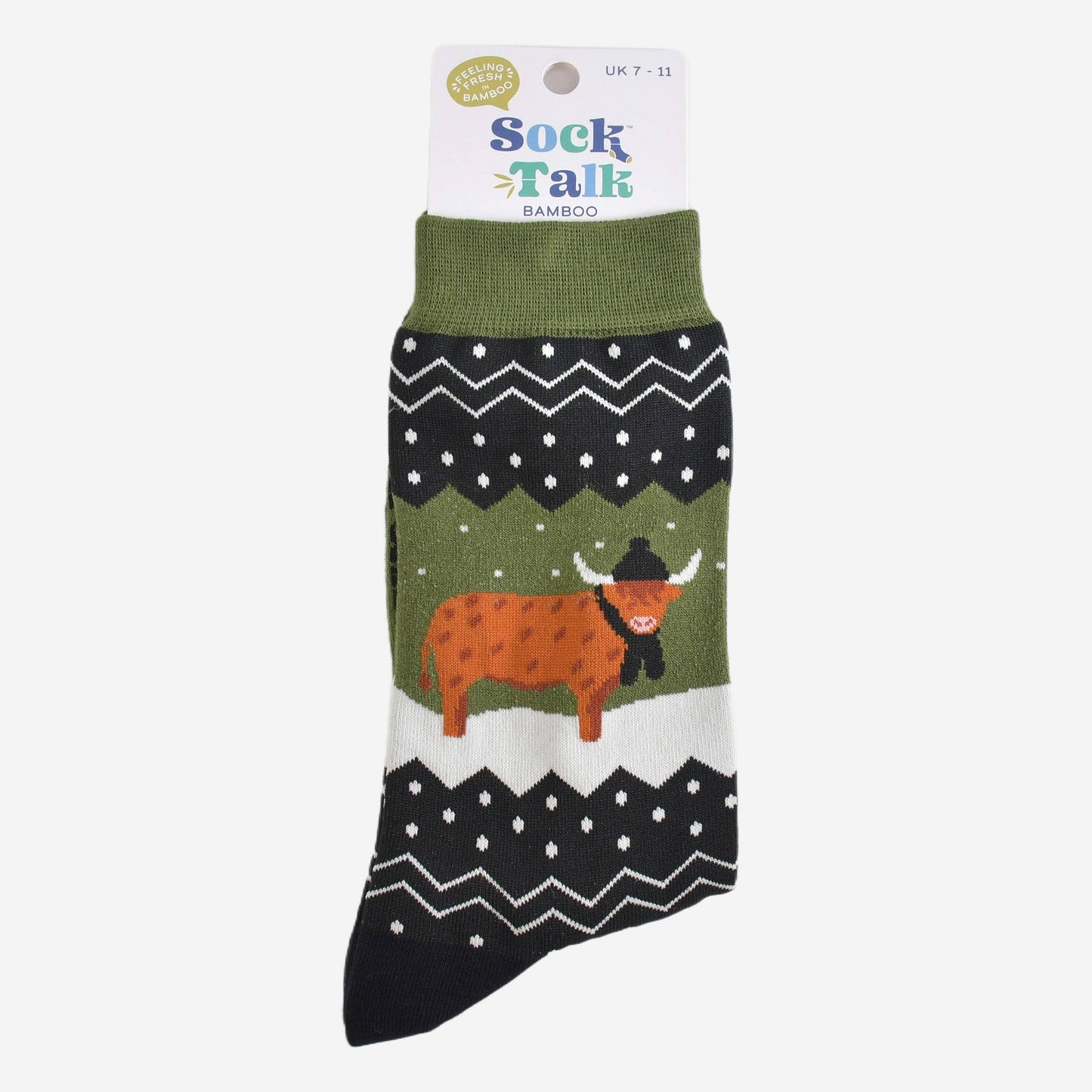 Men's Green/Black Winter Highland Cow Bamboo Socks