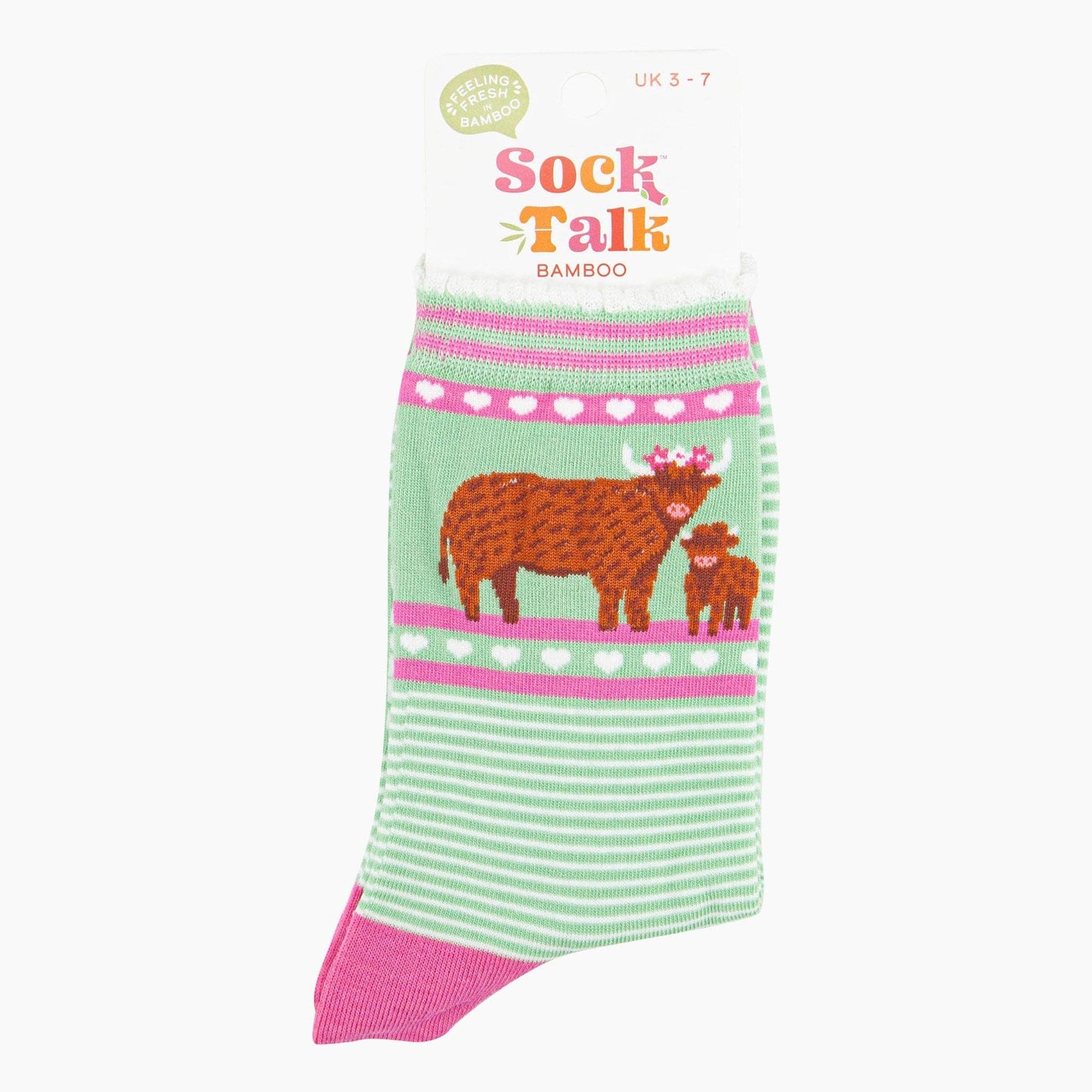 Women's Bamboo Socks - Green, Highland Cow and Calf
