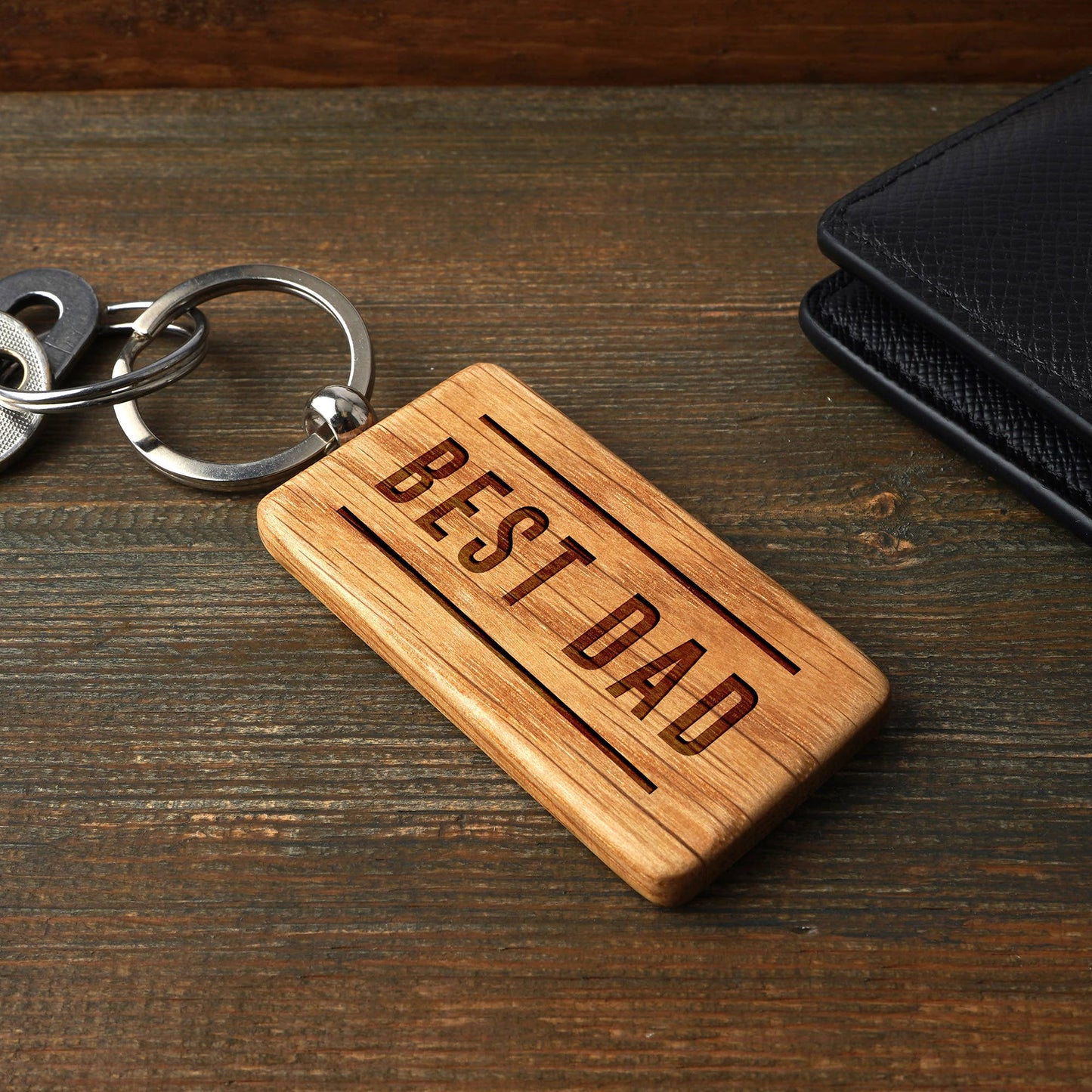 'Best Dad' Rectangular Oak Keyring