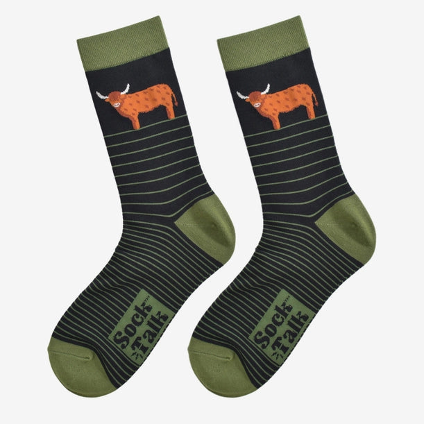 Men's Bamboo Socks - Highland Cow Stripe Black & Green