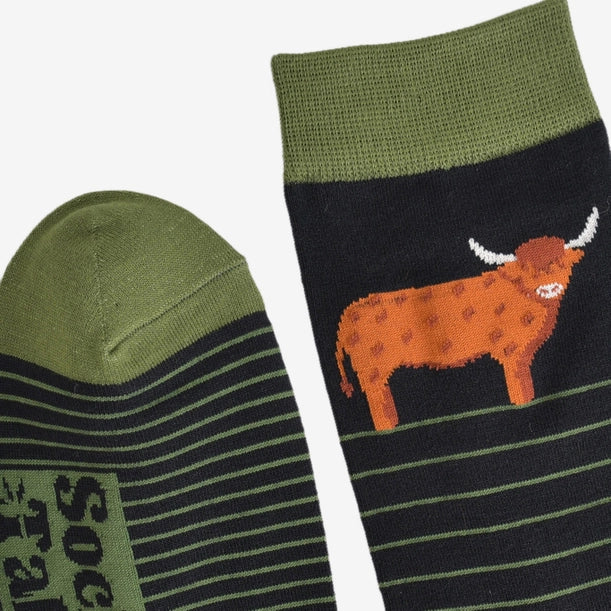 Men's Bamboo Socks - Highland Cow Stripe Black & Green