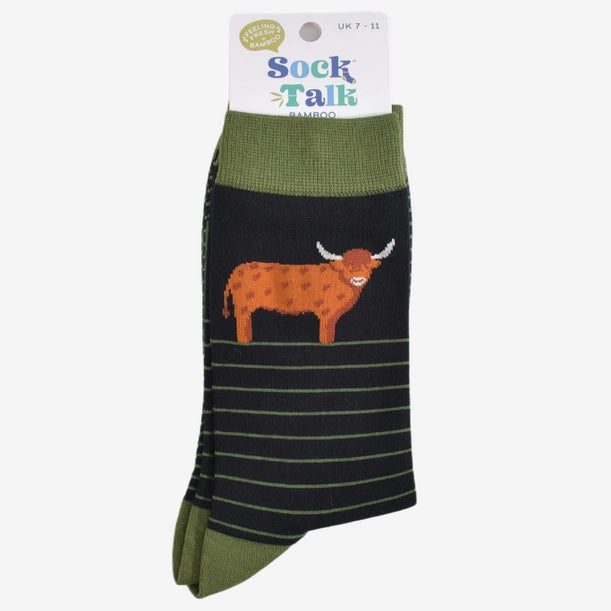 Men's Bamboo Socks - Highland Cow Stripe Black & Green