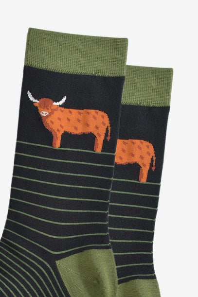 Men's Bamboo Socks - Highland Cow Stripe Black & Green