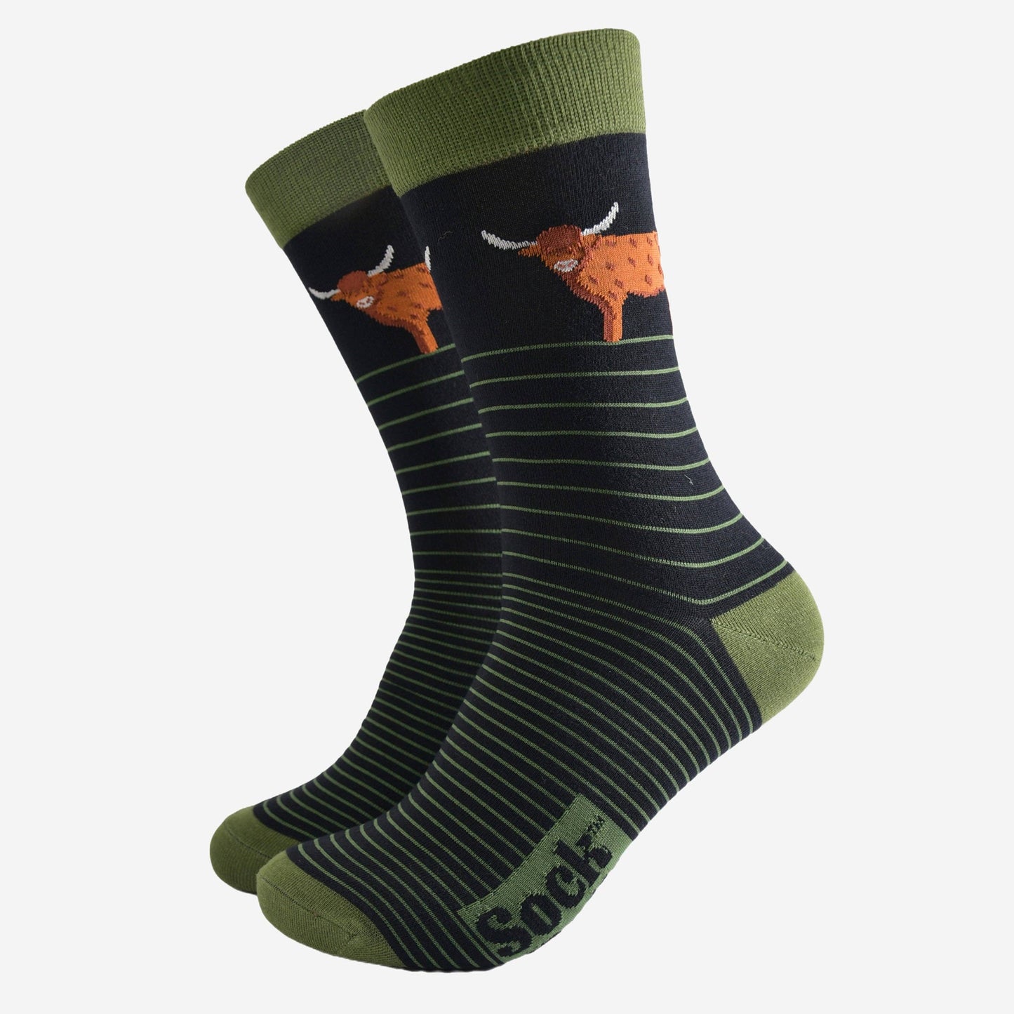 Men's Bamboo Socks - Highland Cow Stripe Black & Green