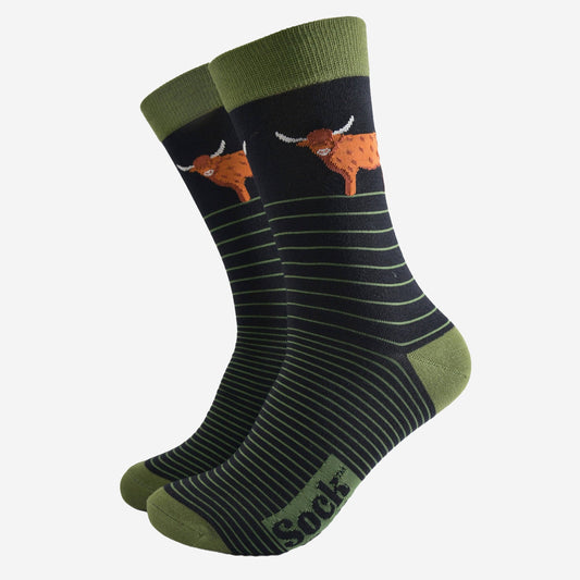 Men's Bamboo Socks - Highland Cow Stripe Black & Green