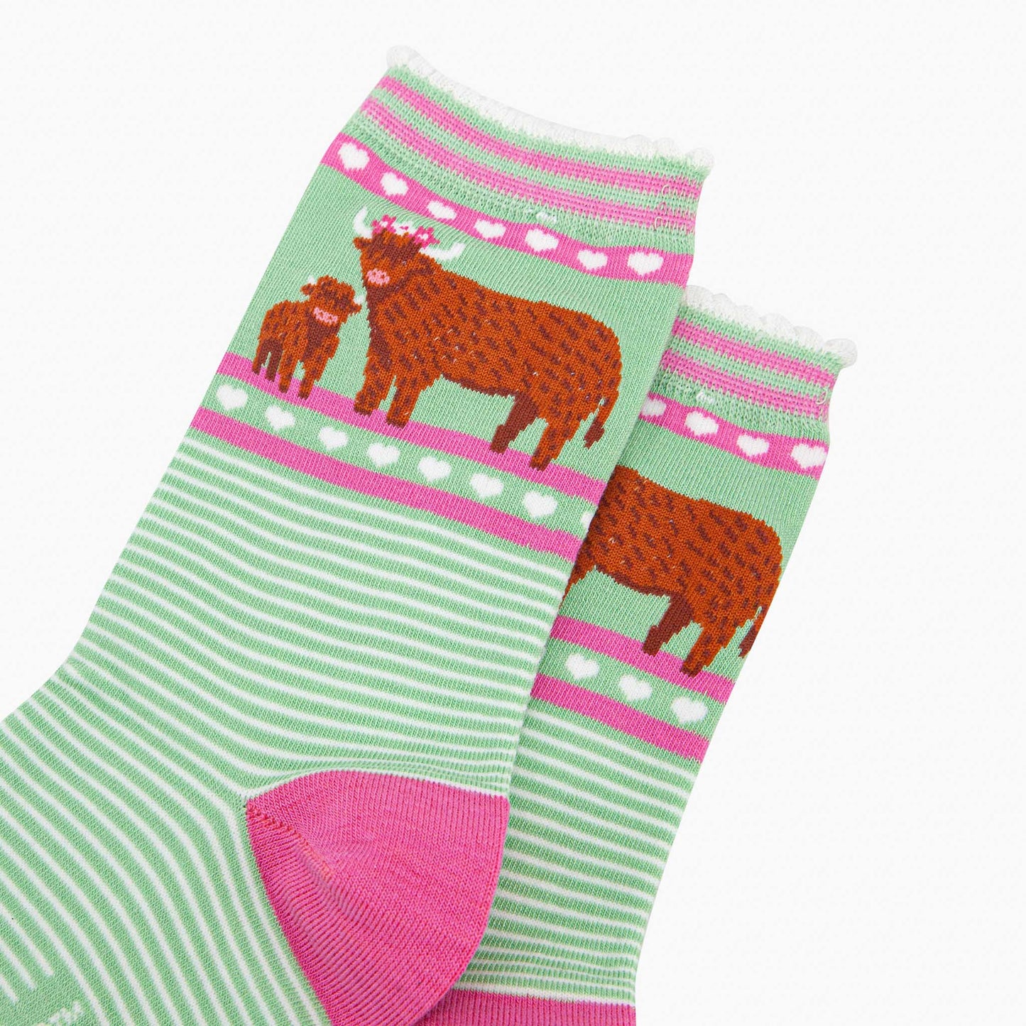 Women's Bamboo Socks - Green, Highland Cow and Calf