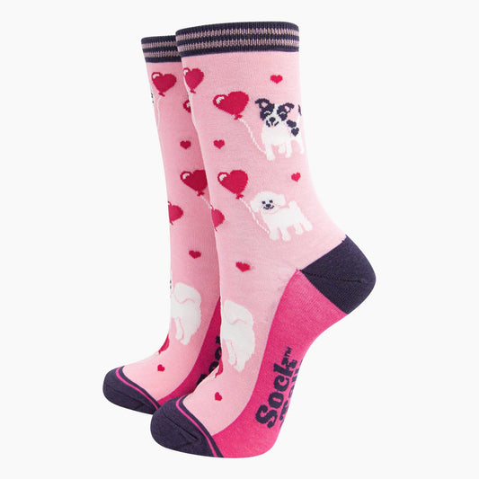 Women's Bamboo Socks - Pink, Dogs Love Heart Balloons