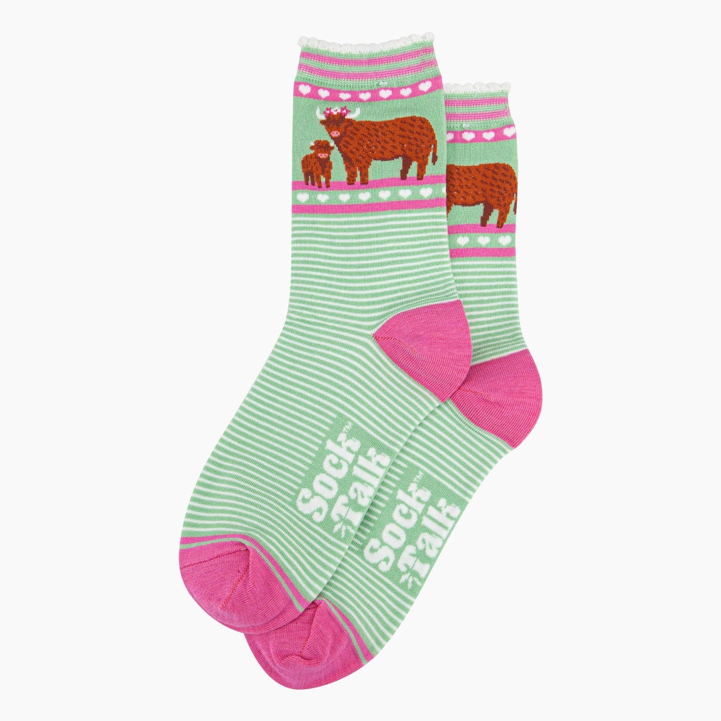 Women's Bamboo Socks - Green, Highland Cow and Calf