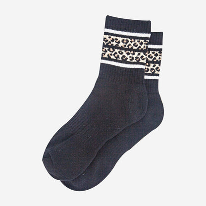 Women's Black Leopard Stripe Sporty Socks