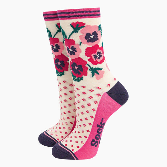 Women's Bamboo Socks - Cream & Pink, Pansies