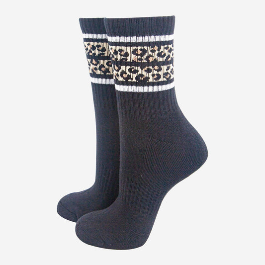 Women's Black Leopard Stripe Sporty Socks