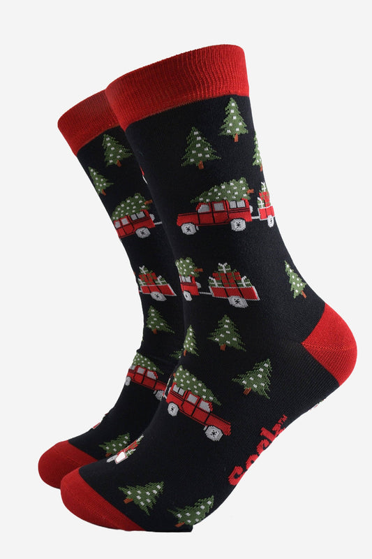Men's Black/Red Christmas Tree Off Roader Bamboo Socks
