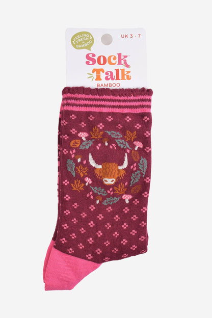 Women's Burgundy/Pink Highland Cow Wreath Bamboo Socks
