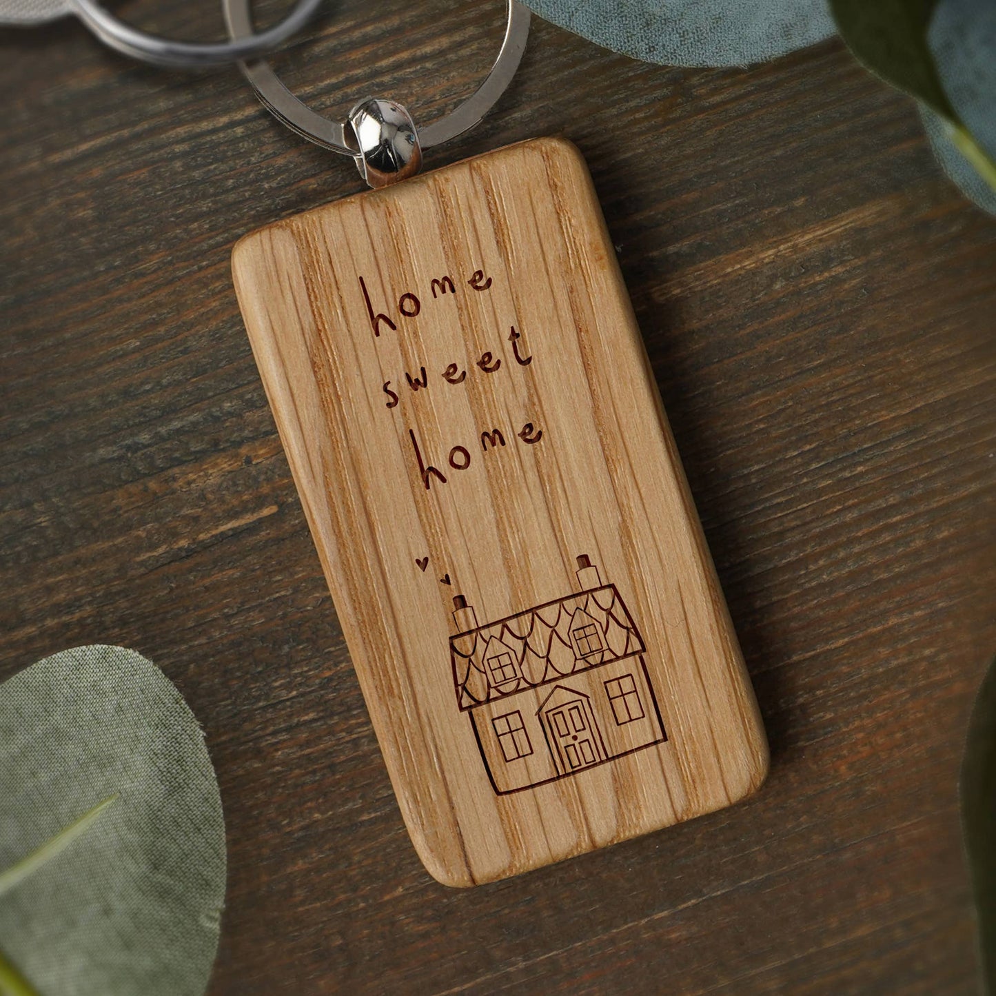 'Home Sweet Home' Rectangular Oak Keyring