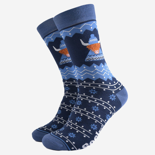 Men's Blue Highland Cow Hat & Jumper Bamboo Socks