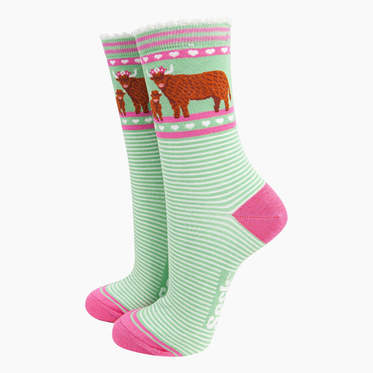 Women's Bamboo Socks - Green, Highland Cow and Calf