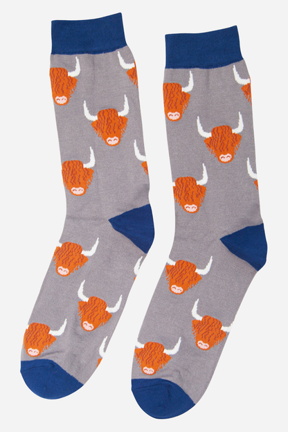 Grey Men's Highland Cow Print Bamboo Socks