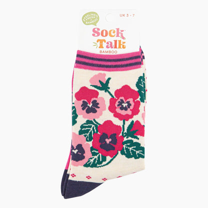 Women's Bamboo Socks - Cream & Pink, Pansies