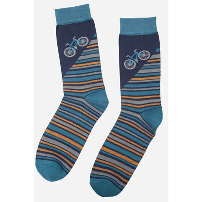 Men's Bamboo Socks - Mountain Bike and Stripe Print Teal