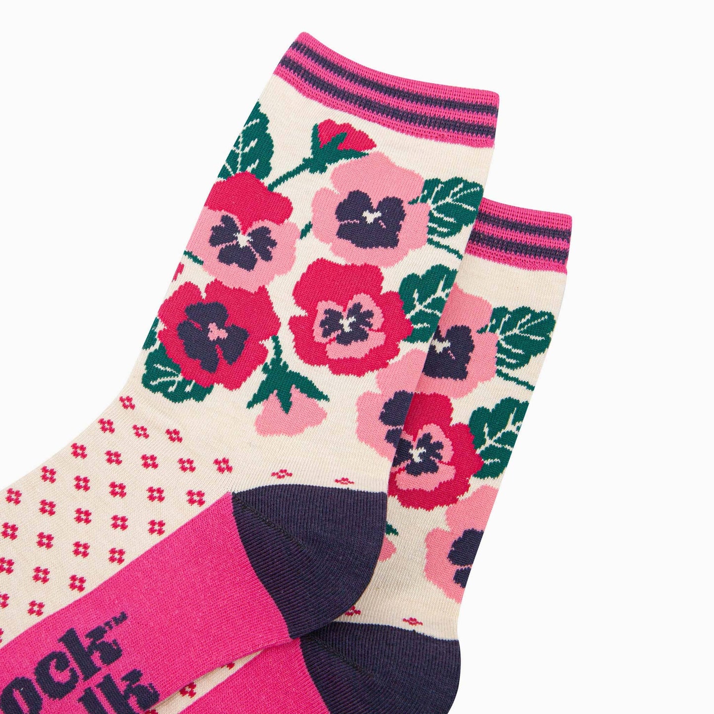 Women's Bamboo Socks - Cream & Pink, Pansies