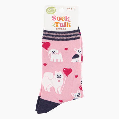 Women's Bamboo Socks - Pink, Dogs Love Heart Balloons