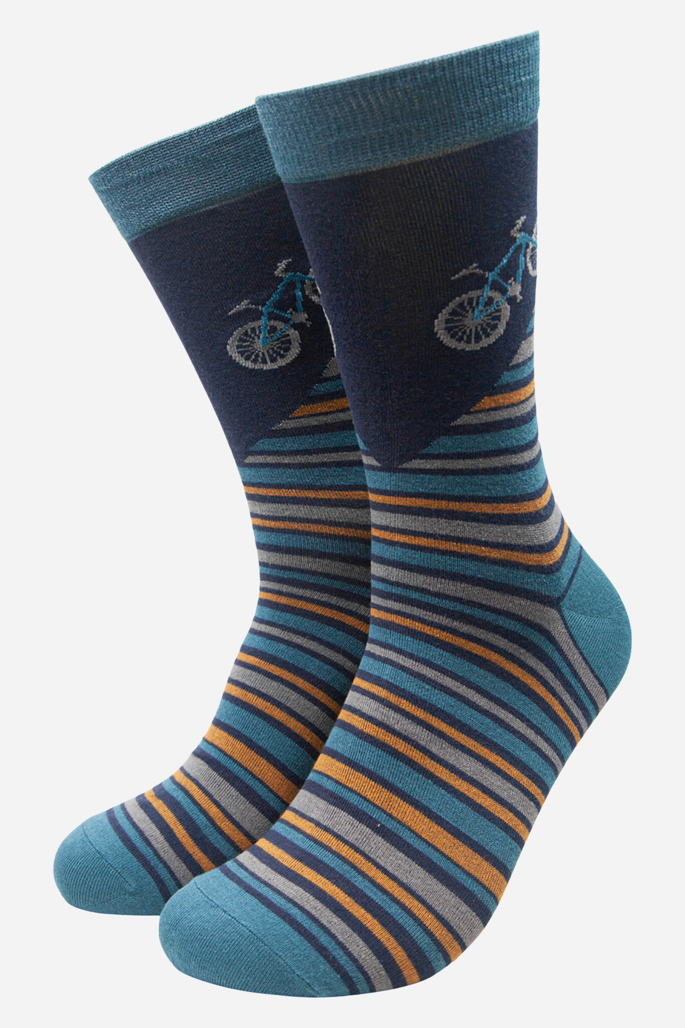 Men's Bamboo Socks - Mountain Bike and Stripe Print Teal