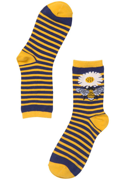 Womens Bamboo Socks - Bumble Bees Floral Stiped