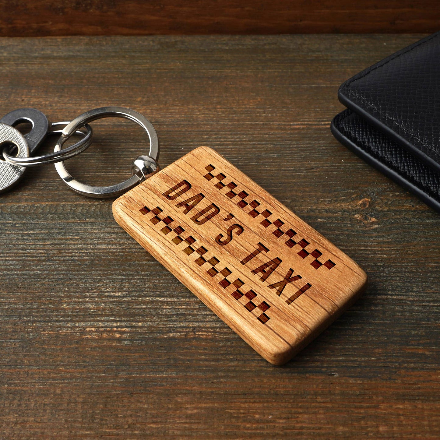 'Dad's Taxi' Rectangular Oak Keyring