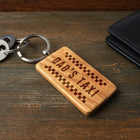 'Dad's Taxi' Rectangular Oak Keyring