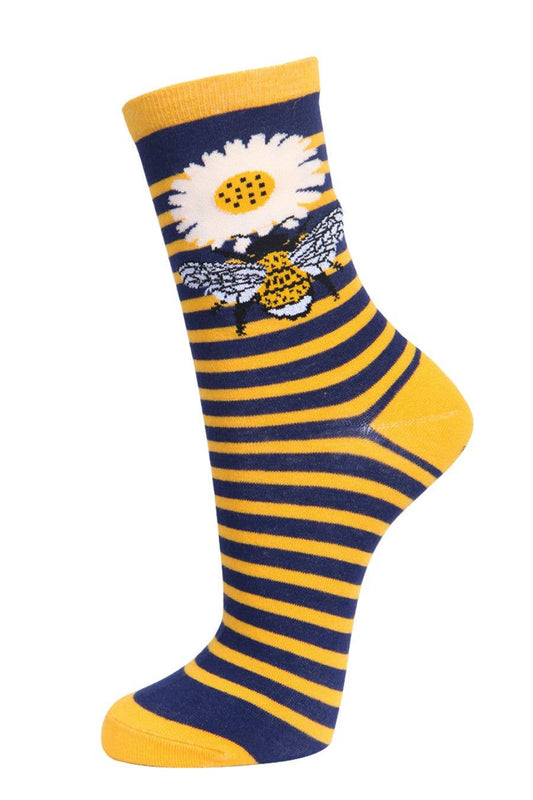 Womens Bamboo Socks - Bumble Bees Floral Stiped